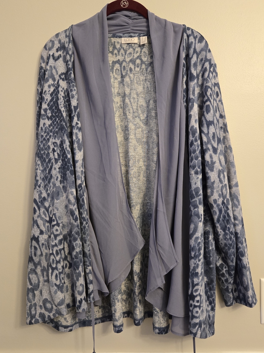 LOGO by Lori Goldstein Dusty Blue Animal-Print Draped Cardigan